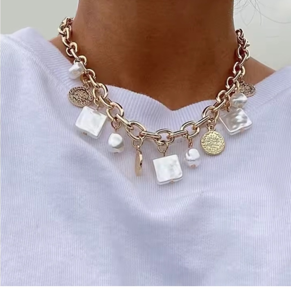 Anthropologie Gold Chain Necklace with White Pearl and Shell Charms - Picture 2 of 6